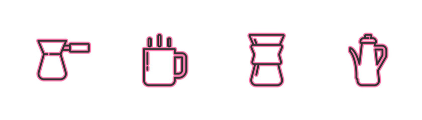 Set line Coffee turk, Pour over coffee maker, cup and Teapot icon. Vector.