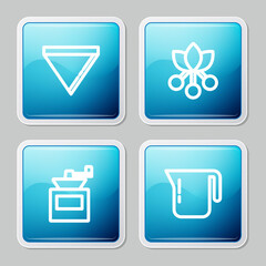 Set line Coffee paper filter, bean, branch, Manual coffee grinder and pot icon. Vector.