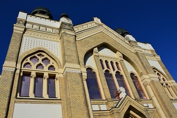 Jewish synagogue in Nitra, decorative windows above main entrance. Build during years 1908 and 1911, it is a melange of Moorish, Byzantine and Art Nouveau architercutral elements, Baumhorn style.