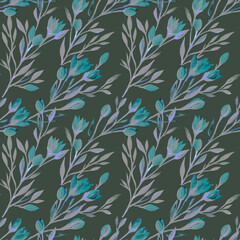 Seamless pattern with spring blossoming flowers, buds, leaves, twigs Vintage style