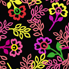 Fototapeta na wymiar Seamless neon pattern with flowers and leaves on a black background