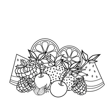 Vector coloring book for meditation and relax.Fruits.Black and white image on a white background of isolated elements.Cherries,watermelon, strawberries, citrus and strawberries.
