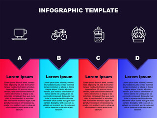 Set line Coffee cup, Bicycle, French press and Gargoyle on pedestal. Business infographic template. Vector.