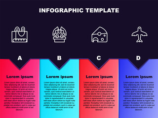 Set line French baguette bread, Gargoyle on pedestal, Cheese and Plane. Business infographic template. Vector.