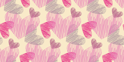 Heart striped shapes, vector seamless pattern, pink modern palette, light yellow background