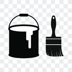 Black paint can and brush logo. Vector illustration liquid color bucket container with paintbrush icon. Transparent background. 
