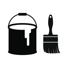 Black paint can and brush logo. Vector illustration liquid color bucket container with paintbrush icon.
