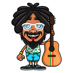Dreadlocks Man Cartoon Characters wearing sunglasses and tank top with marijuana leaf pattern, carrying a acoustic guitars with rastafari flag color, best for sticker or mascot of Reggae music themes