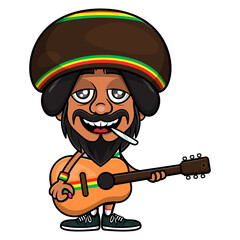 Reggae Man Cartoon Characters wearing a beanie hat with rastafari flag color, playing acoustic guitar while smoking marijuana, best for sticker or mascot of Reggae music themes