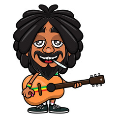 Dreadlocks man cartoon characters playing reggae music with acoustic guitar while smoking marijuana, best for sticker or mascot of Reggae music themes
