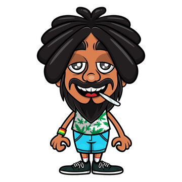 Dreadlocks man cartoon characters wearing tank top with marijuana leaf pattern, standing and smoking marijuana, best for logo or mascot of cannabis product