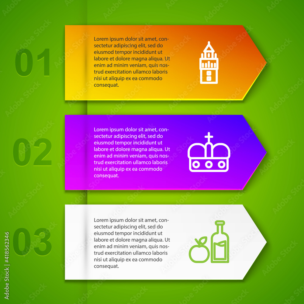 Sticker Set line Giralda, Crown of spain, Apple cider bottle and Spanish woman. Business infographic template. Vector.