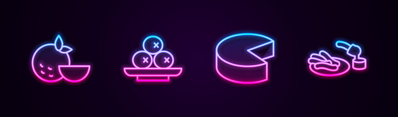 Set line Orange fruit, Olives on plate, Cheese and Churros and chocolate. Glowing neon icon. Vector.