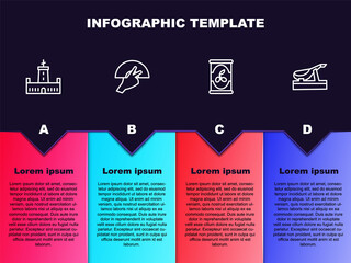 Set line Montjuic castle, Fan flamenco, Olives in can and Spanish jamon. Business infographic template. Vector.