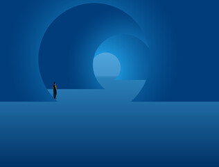 Big blue modern hall with circular doors and a lonely woman into it. vector illustration © uklanor