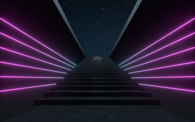 Large steps with glowing neon lines, 3d rendering.