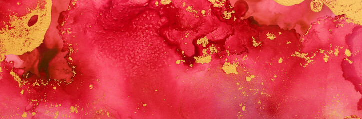 art photography of abstract fluid art painting with alcohol ink, red and gold colors