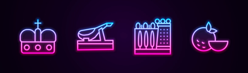 Set line Crown of spain, Spanish jamon, Dali museum and Orange fruit. Glowing neon icon. Vector.