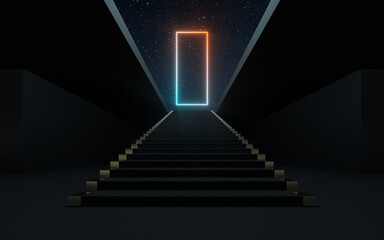 Large steps with glowing neon lines, 3d rendering.