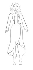 Beautiful girl in long dress, one stroke simple bright fashion illustration, vector
