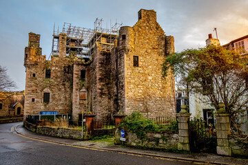 MacLellan's Castle on the old High Street in Kirkcudbright at sunset