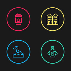 Set line Flying duck, Maple syrup, House and Coffee cup to go icon. Vector.