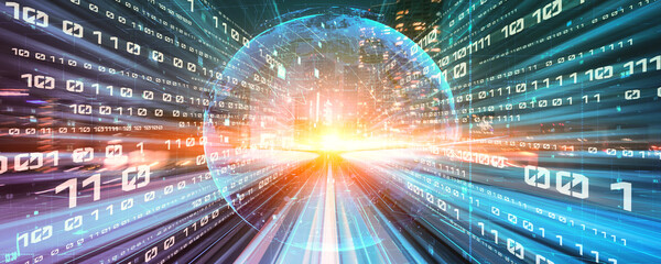 Digital data flow on road with motion blur to create vision of fast speed transfer . Concept of...