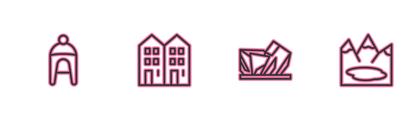 Set line Winter hat, Royal Ontario museum, House and Canadian lake icon. Vector.