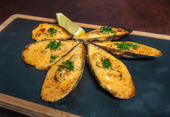 Delicious Shellfish mussels with herbs and lemon