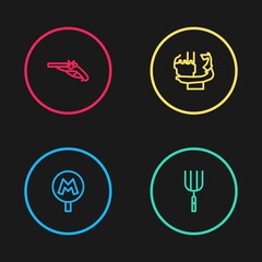 Set line Metro or Underground, Garden pitchfork, Monument to founders of Kiev and Vintage pistols icon. Vector.