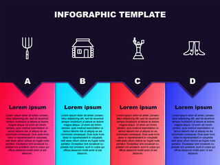 Set line Garden pitchfork, Ukrainian house, Mother Motherland monument and footwear. Business infographic template. Vector.