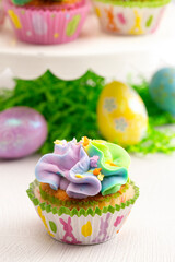 Pastel Rainbow Frosted Easter Cupcakes  on a Kitchen Counter