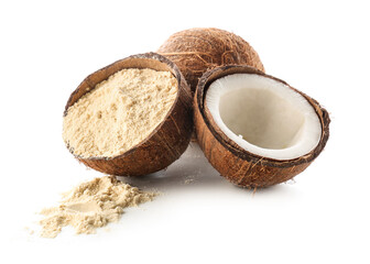 Coconuts and flour on white background