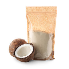 Ripe coconut and bag with flour on white background
