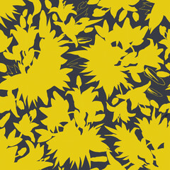 Fototapeta na wymiar Blow Up trendy colors yellow illuminating silhouettes of lily flowers, buds and leaves on gray background. Spotted vector seamless pattern with drawn by hand flowers in full bloom. 