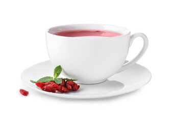 Cup of goji tea on white background