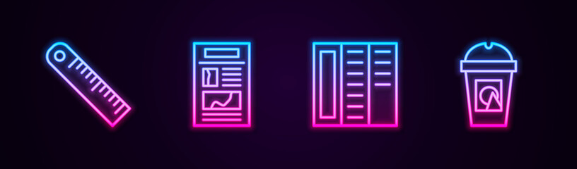 Set line Ruler, News, Brochure and Coffee cup to go. Glowing neon icon. Vector.