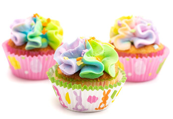 Pastel Rainbow Frosted Easter Cupcakes  on a White Background