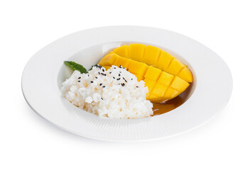Plate with tasty rice and mango on white background