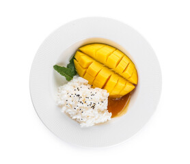 Plate with tasty rice and mango on white background