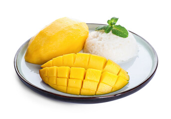 Plate with tasty rice and mango on white background