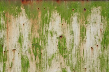 Texture of painted metal in off-white color with drips of green paint 