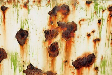 Texture of painted metal in off-white color with large rust spots 