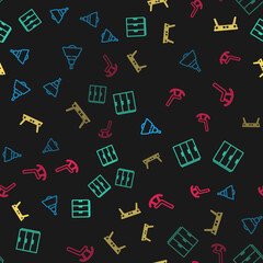 Set line Chandelier, Wardrobe, Office desk and Armchair on seamless pattern. Vector.