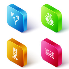 Set Isometric line Air headphones, Disco ball, Stereo speaker and Music synthesizer icon. Vector.