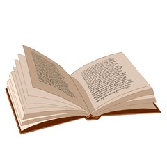 Obraz premium Vintage brown covered opened book with pages fluttering. dark academia