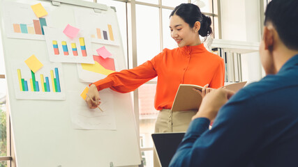 Young woman explains business data on white board in casual office room . The confident Asian businesswoman reports information progress of a business project to partner to determine market strategy .