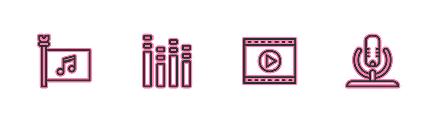 Set line Music festival flag, Online play video, equalizer and Microphone icon. Vector.