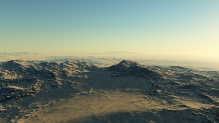 Naklejka na ściany i meble Exoplanet fantastic landscape. Beautiful views of the mountains and sky with unexplored planets. 3D illustration.