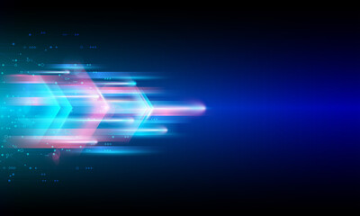 Background digital image arrow sign with high-speed movement pattern. Blue abstract futuristic, energy technology concept background. Vector template for design.